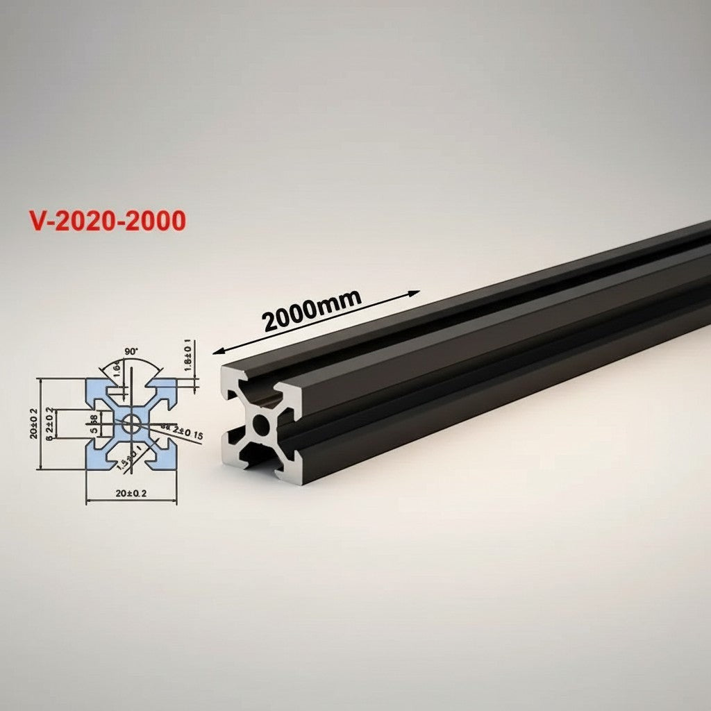 DIY AUTOMATION 2020 black aluminum extrusion profile, 2000mm length, T-slot design for custom frames and projects.