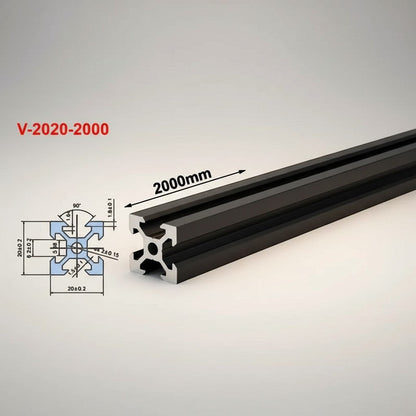 DIY AUTOMATION 2020 black aluminum extrusion profile, 2000mm length, T-slot design for custom frames and projects.