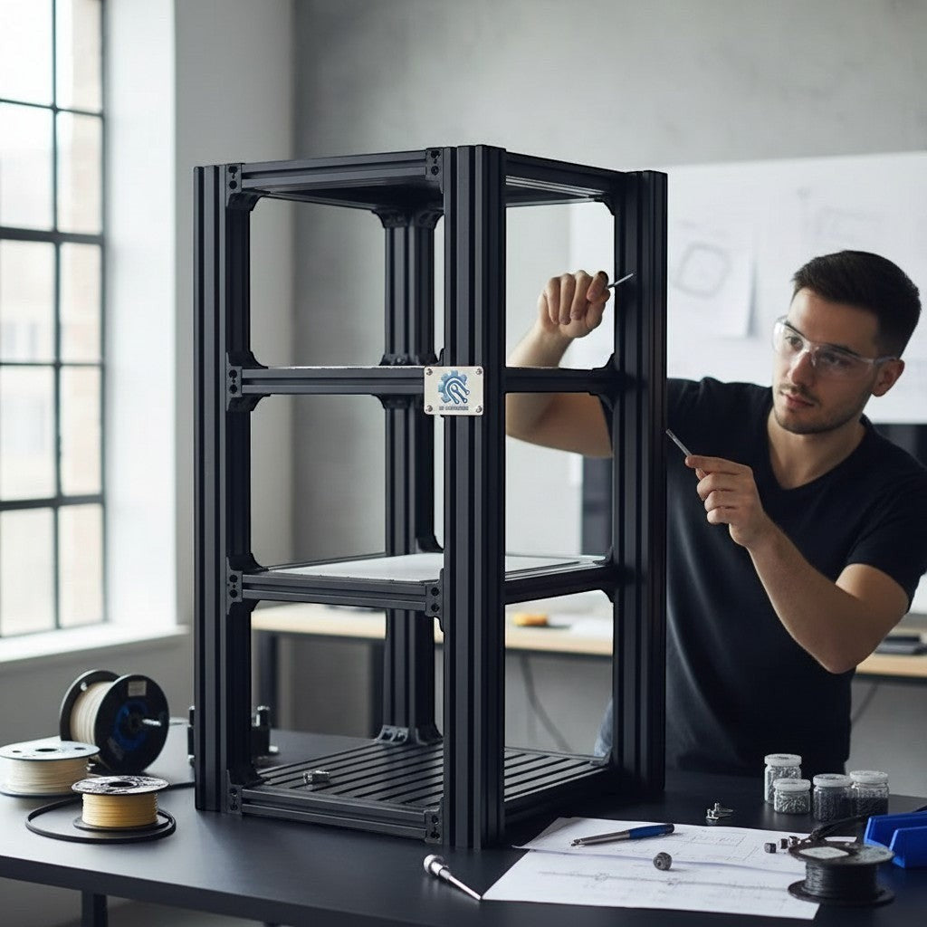 DIY AUTOMATION 2080 black aluminum extrusion profile frame being assembled by a man in a workshop.