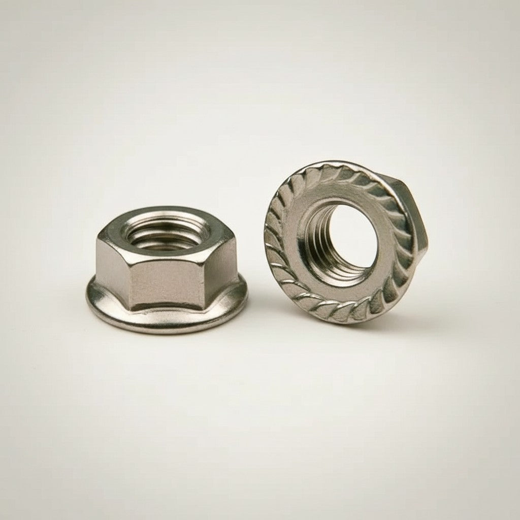 DIY AUTOMATION Hexa Nut M4 Flanged Hex Nut, stainless steel, with integrated washer and serrated flange for secure grip.