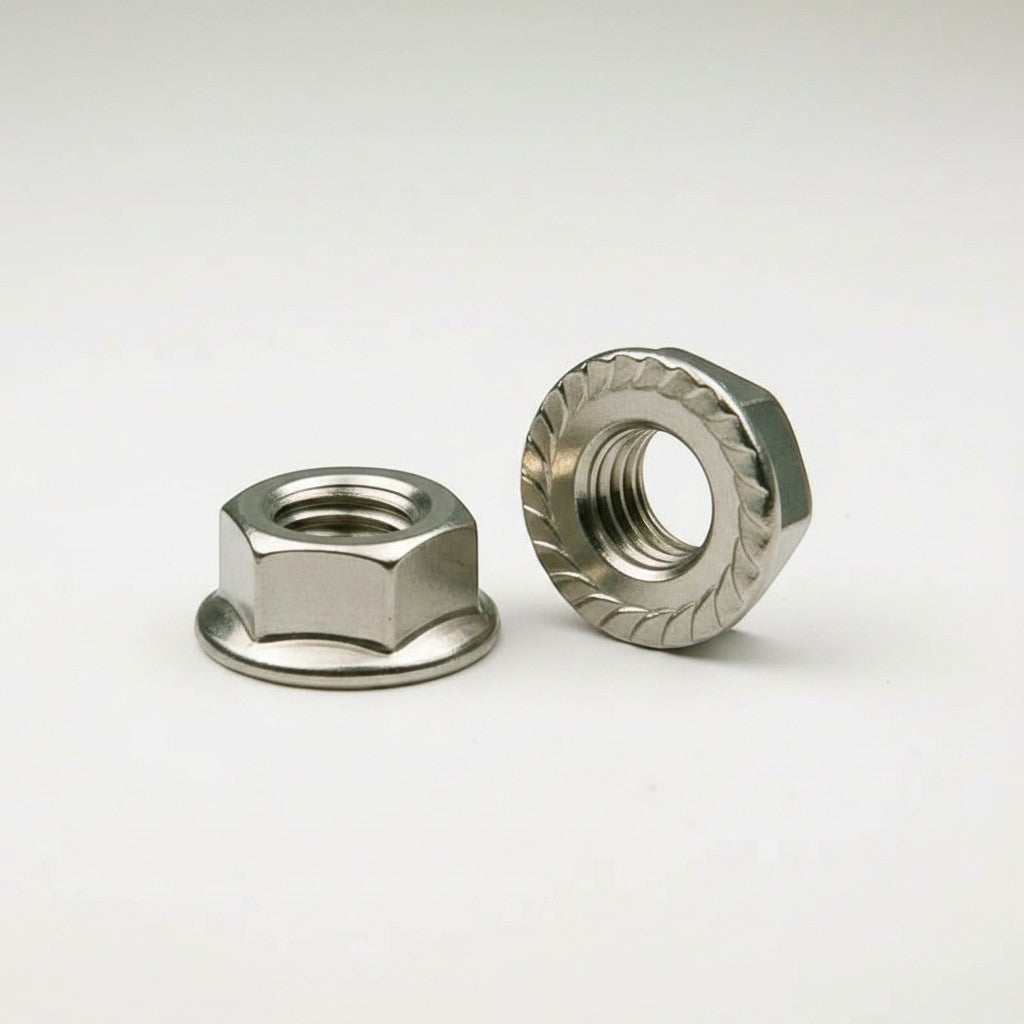 DIY AUTOMATION Hexa Nut M4 Flanged Hex Nut, stainless steel, with integrated washer and serrated flange for secure grip.