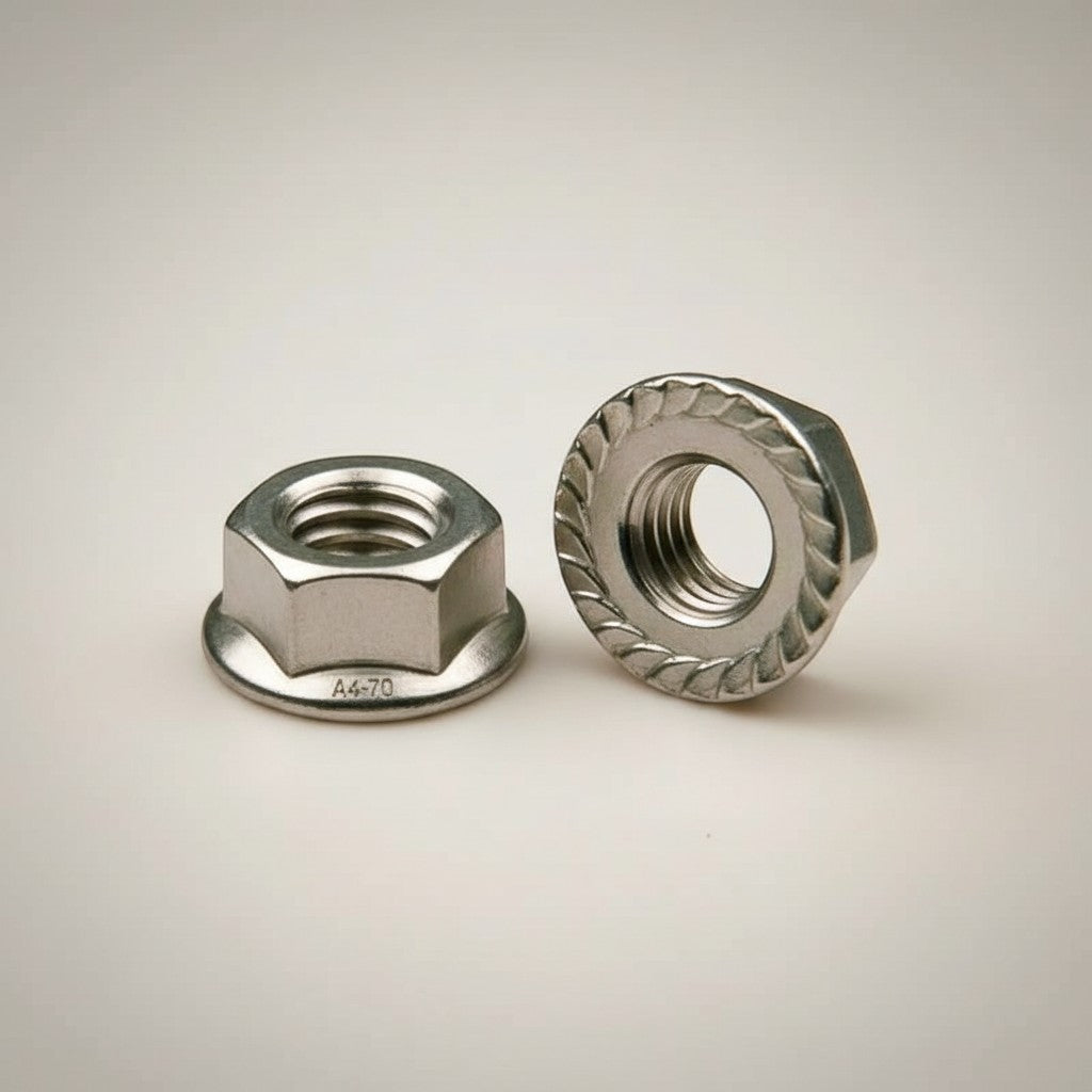 DIY AUTOMATION Hexa Nut M4 Flanged Hex Nut, stainless steel, with integrated washer and serrated flange for secure grip.