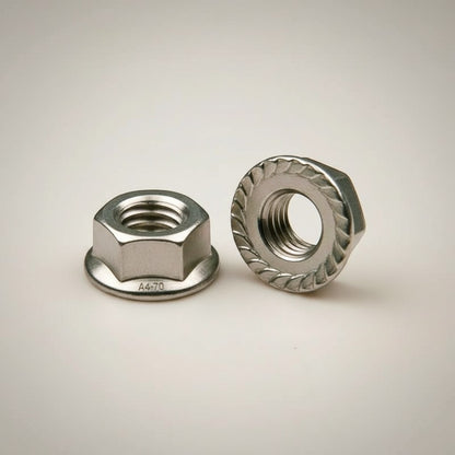 DIY AUTOMATION Hexa Nut M4 Flanged Hex Nut, stainless steel, with integrated washer and serrated flange for secure grip.