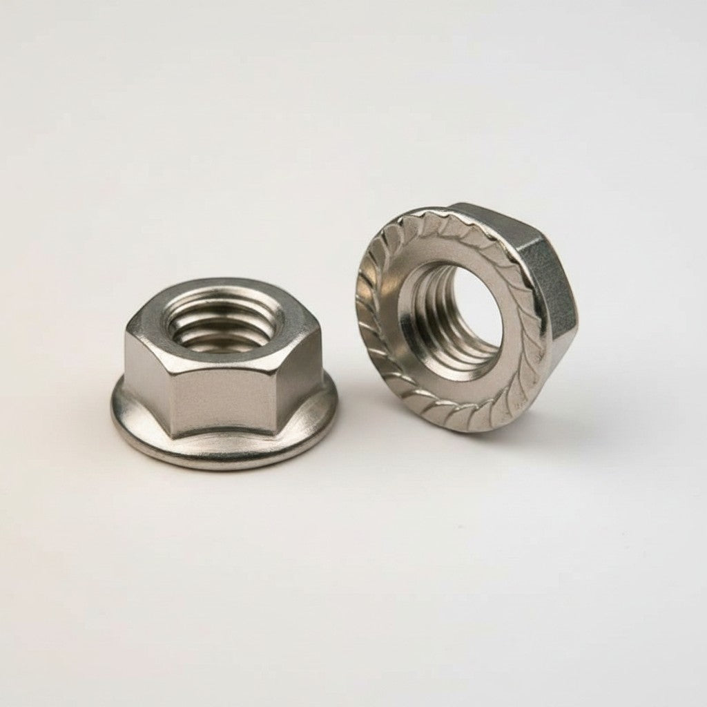 DIY AUTOMATION M5 flanged hex nut fastener made of stainless steel with serrated underside for enhanced grip.