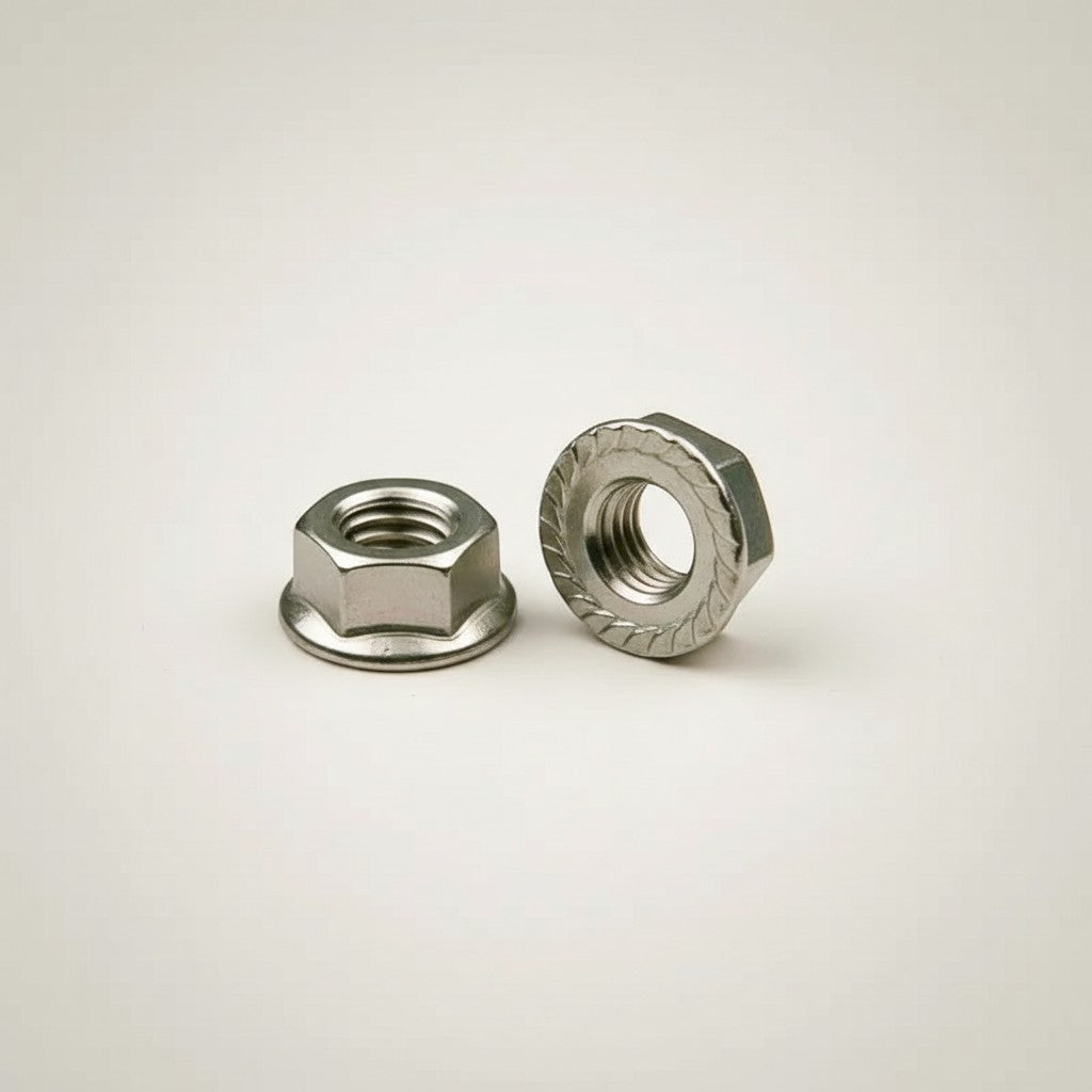 DIY AUTOMATION M5 flanged hex nut fastener made of stainless steel with serrated underside for enhanced grip.