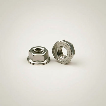 DIY AUTOMATION M5 flanged hex nut fastener made of stainless steel with serrated underside for enhanced grip.