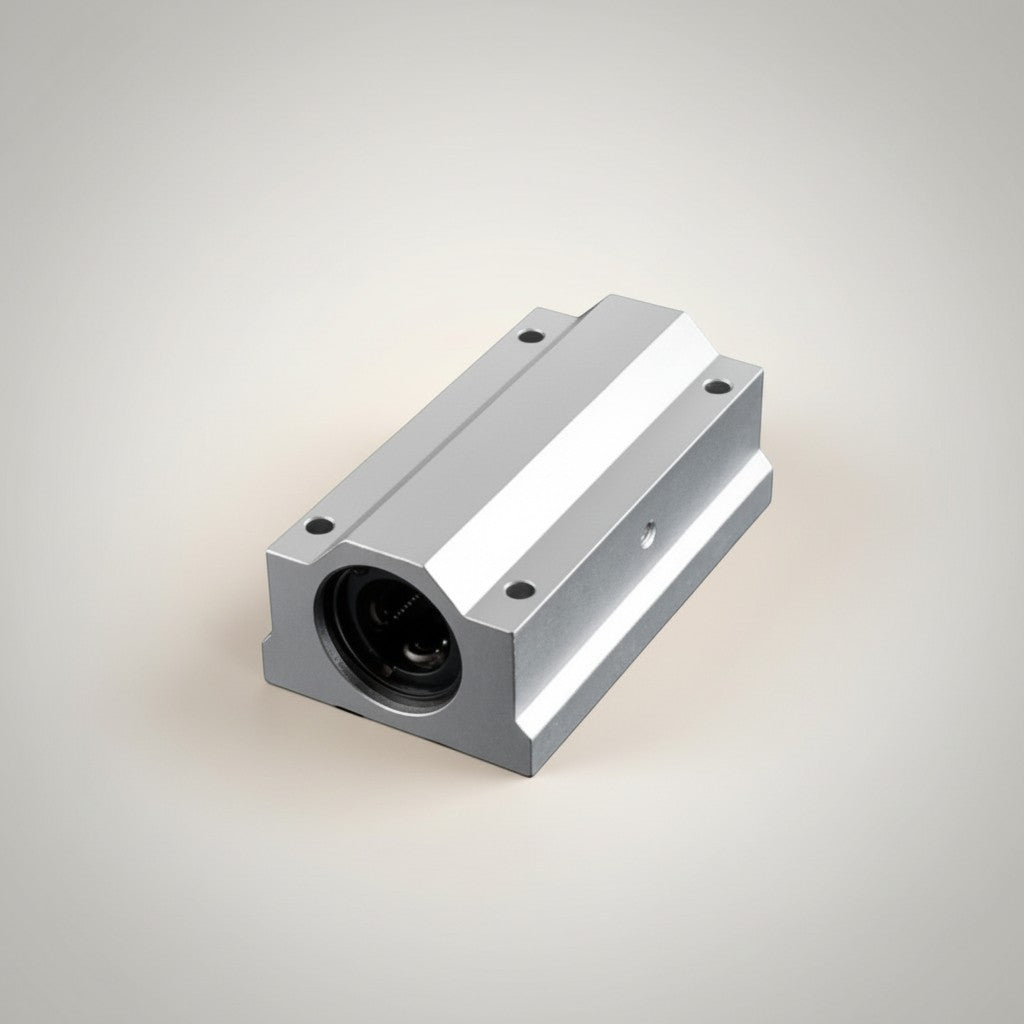 DIY AUTOMATION linear bearing block assembly, silver aluminum, SC 35Luu model, for 3D printers and CNC machines.