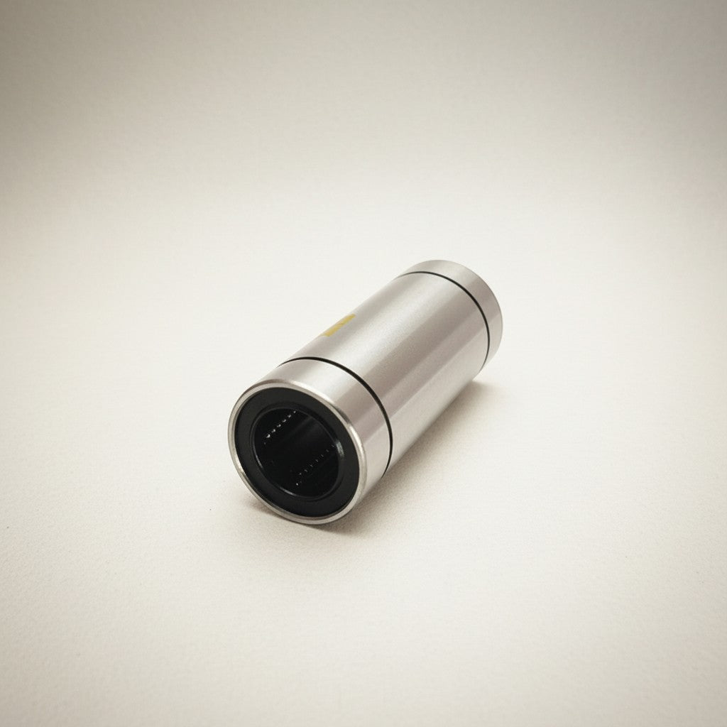 DIY AUTOMATION LM 25Luu linear motion bearing, silver metal housing with black inner seal, for automation and machinery.