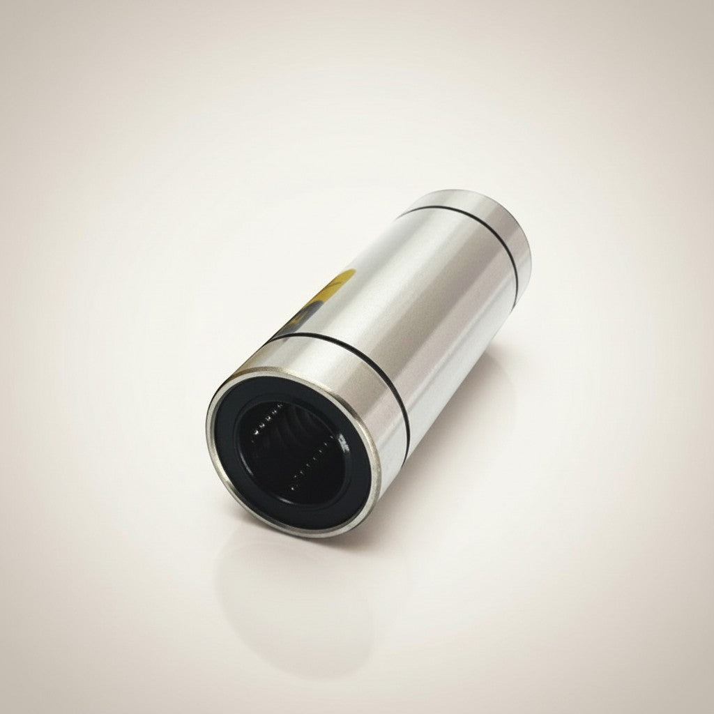 DIY AUTOMATION LM 25Luu linear motion bearing, silver metal housing with black interior, for automation and machinery.