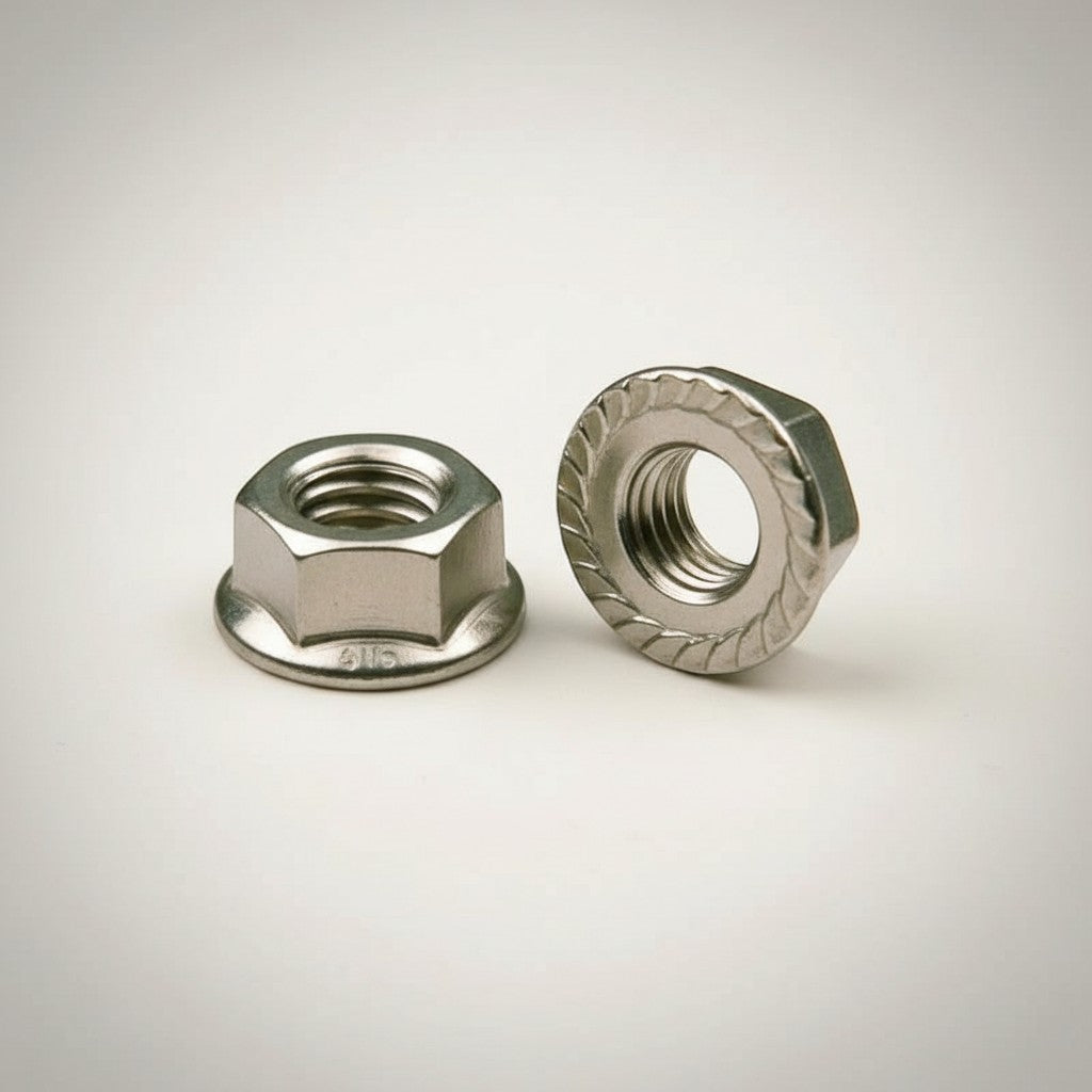 DIY AUTOMATION stainless steel M5 flanged hex nut fastener with serrated underside for enhanced grip and load distribution.