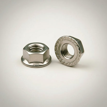 DIY AUTOMATION stainless steel M5 flanged hex nut fastener with serrated underside for enhanced grip and load distribution.