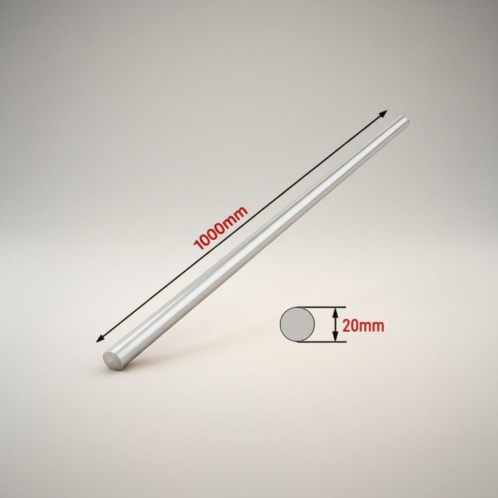 DIY AUTOMATION 20x1000mm silver metal rod, round profile, smooth finish, ideal for DIY and industrial applications.