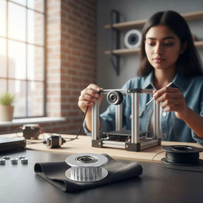DIY AUTOMATIONS 16T aluminum idler pulley for 6mm GT2 belt on a workshop table with a 3D printer in the background