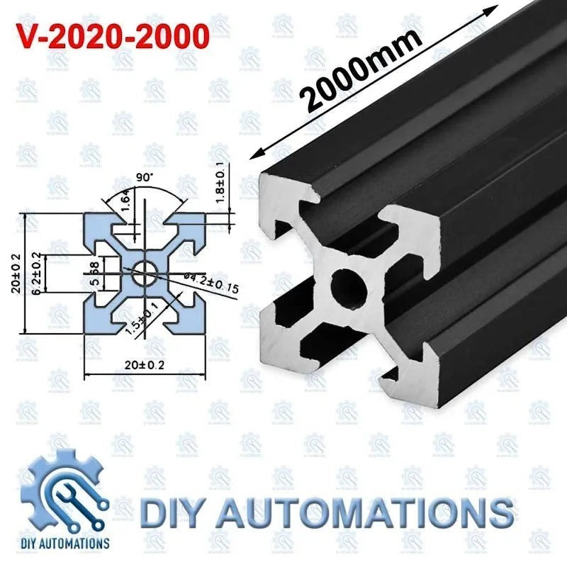 DIY AUTOMATIONS black 2020 aluminum extrusion profile, 2000mm length, T-slot design for custom frames and projects.