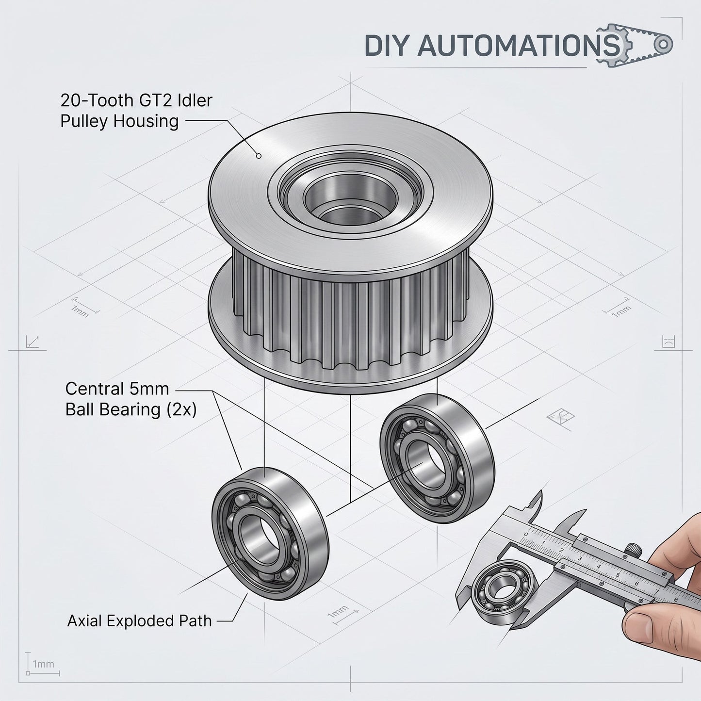 DIY AUTOMATIONS 20-tooth silver aluminum GT2 idler pulley with 5mm ball bearings for 3D printer and CNC motion systems