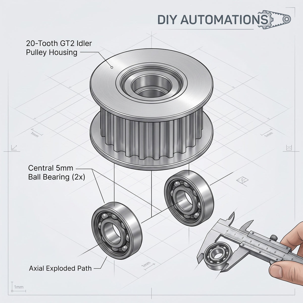 DIY AUTOMATIONS 20-tooth silver aluminum GT2 idler pulley with 5mm ball bearings for 3D printer and CNC motion systems
