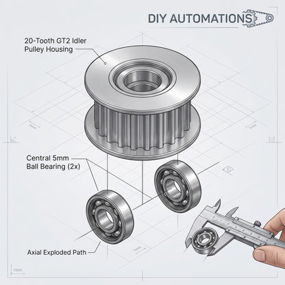DIY AUTOMATIONS 20-tooth silver aluminum GT2 idler pulley with 5mm ball bearings for 3D printer and CNC motion systems
