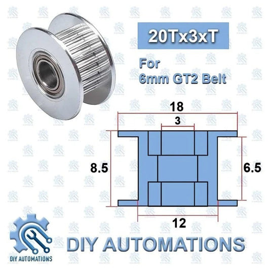DIY Automations silver aluminum 20-tooth timing pulley for 6mm GT2 belts, with integrated bearings and dimensions shown.