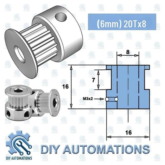 DIY Automations silver 20-tooth GT2 timing pulley with 8mm bore, 6mm belt width, and flange.