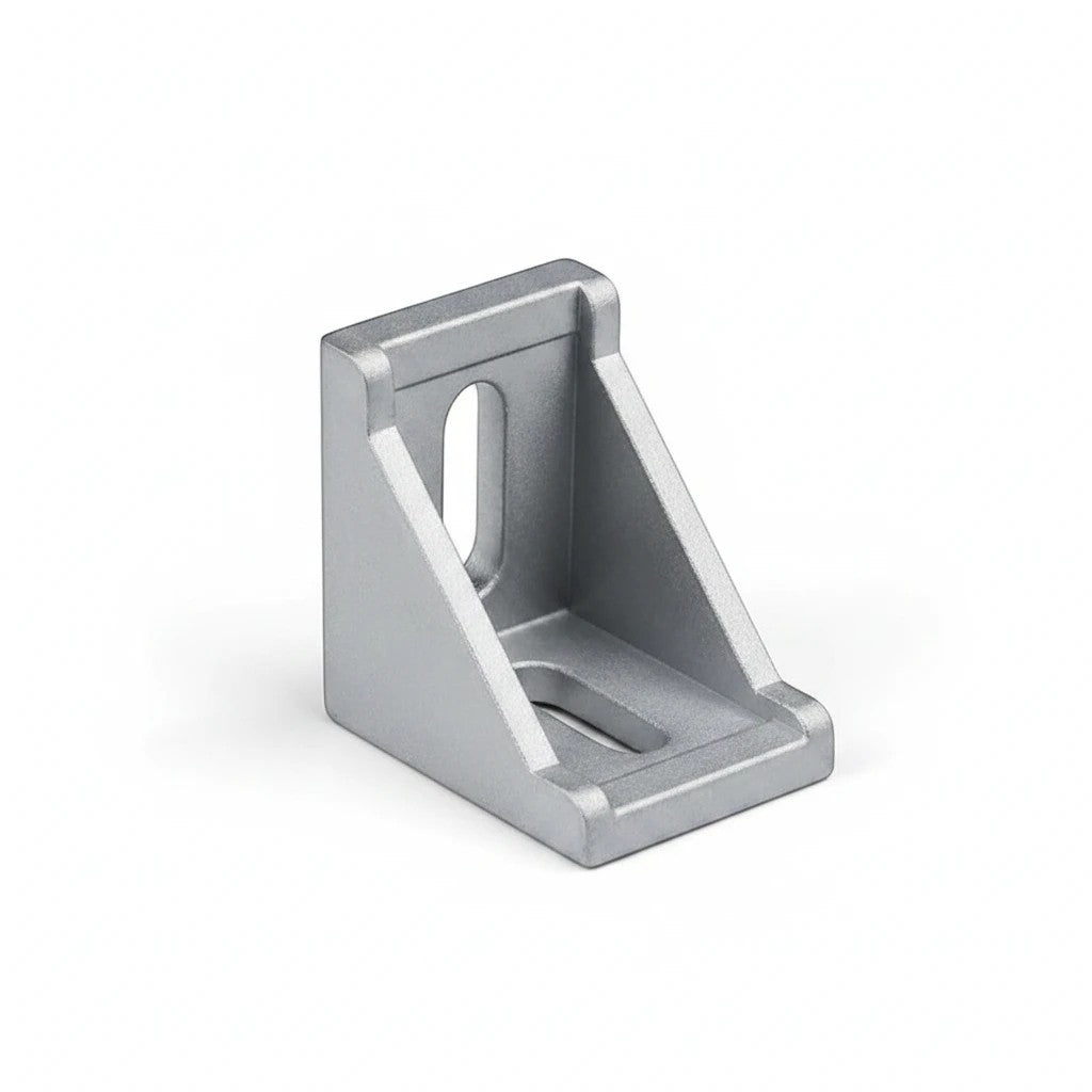 DIY AUTOMATIONS 30x30 silver aluminum corner bracket for extrusion frames with slotted mounting holes.