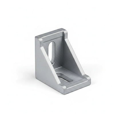 DIY AUTOMATIONS 30x30 silver aluminum corner bracket for extrusion frames with slotted mounting holes.