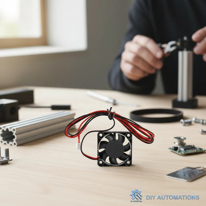 DIY AUTOMATIONS 40x10mm miniature cooling fan with red and black wires on a workbench with 3D printer parts