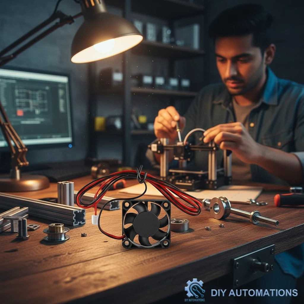 DIY AUTOMATIONS 40x10 miniature cooling fan with red and black wires on a workbench with 3D printer parts