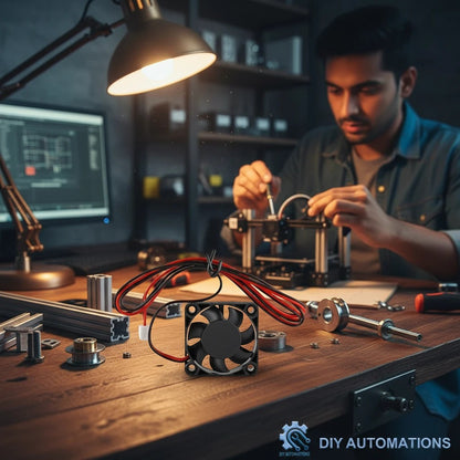 DIY AUTOMATIONS 40x10 miniature cooling fan with red and black wires on a workbench with 3D printer parts