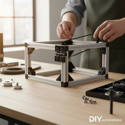 DIY AUTOMATIONS 40x40 black plastic cabinet door hinge being installed on an aluminum frame by a person at a workbench.