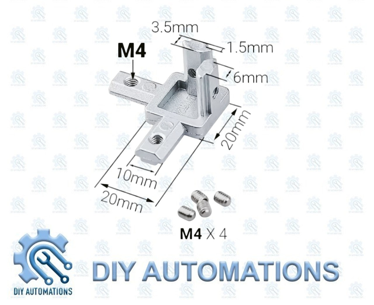 DIY AUTOMATIONS silver aluminum 3-way corner connector bracket for 20mm extrusions with M4 screws.