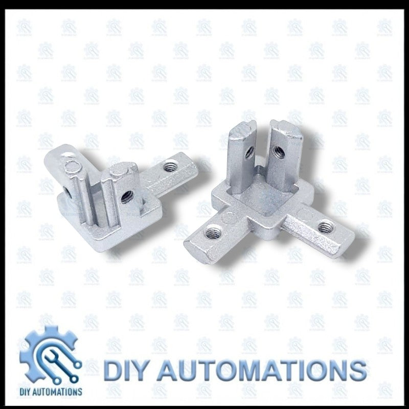 DIY AUTOMATIONS silver aluminum 3-way corner connector bracket for 20mm extrusions, ideal for DIY projects.