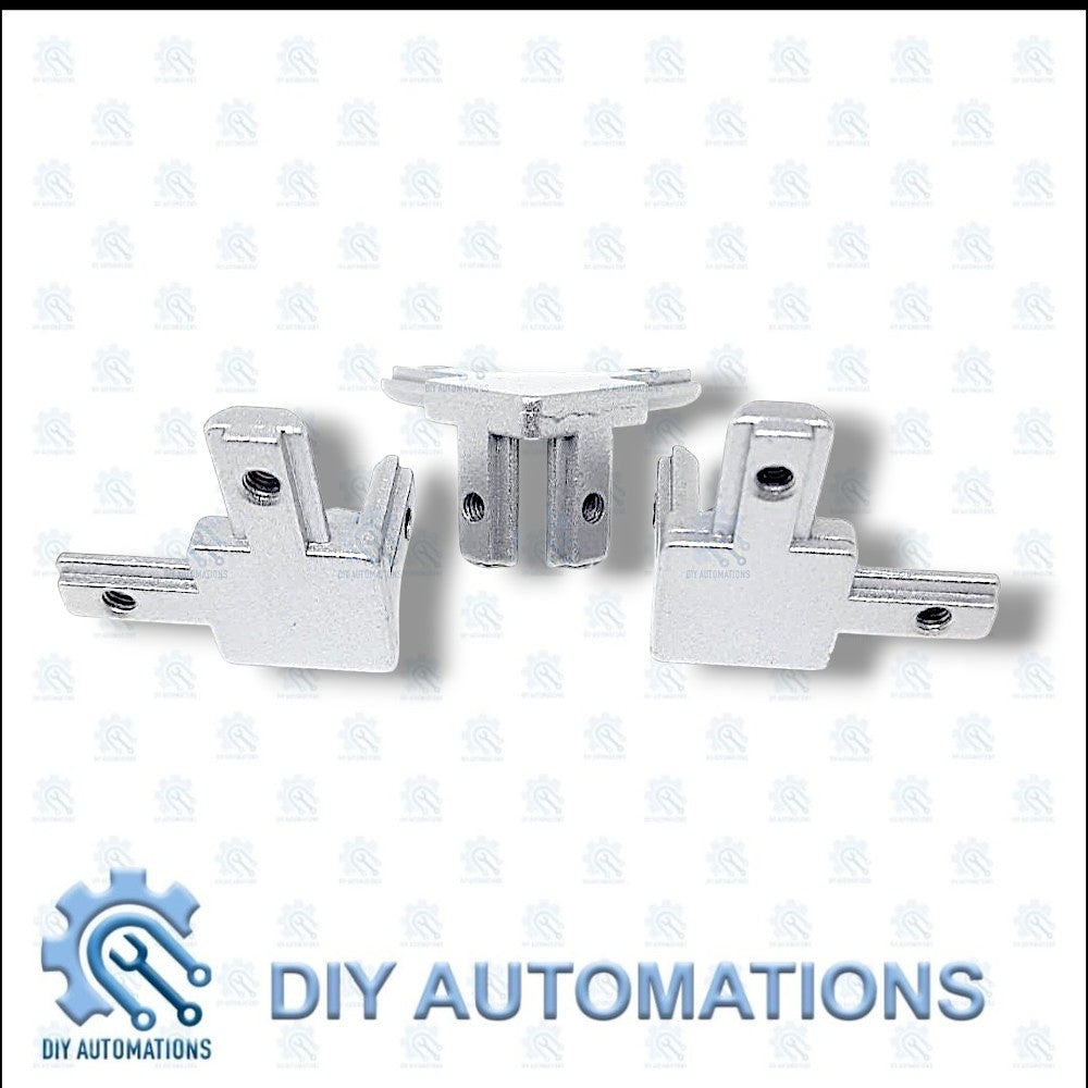 DIY AUTOMATIONS silver aluminum 3-way corner connector bracket for 20mm extrusions. Durable and corrosion-resistant.