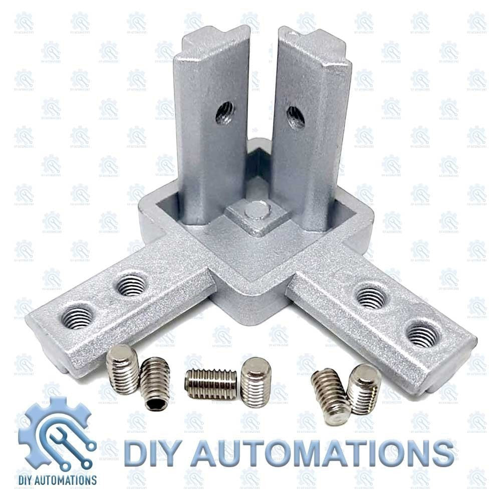 DIY AUTOMATIONS silver aluminum 3-way corner connector bracket for 20mm extrusions with screws.