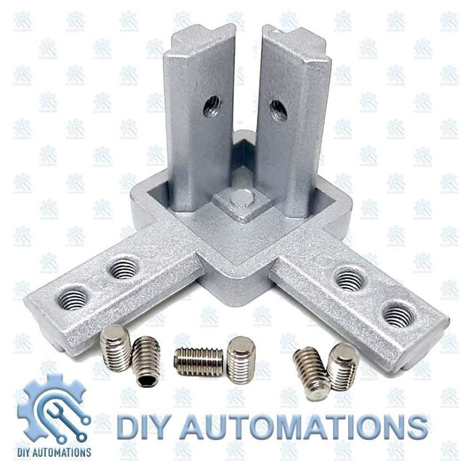DIY AUTOMATIONS silver aluminum 3-way corner connector bracket for 20mm extrusions with screws.