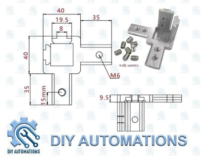 DIY AUTOMATIONS silver aluminum 3-way corner connector bracket for 20mm extrusions, with screws. 40x40mm.
