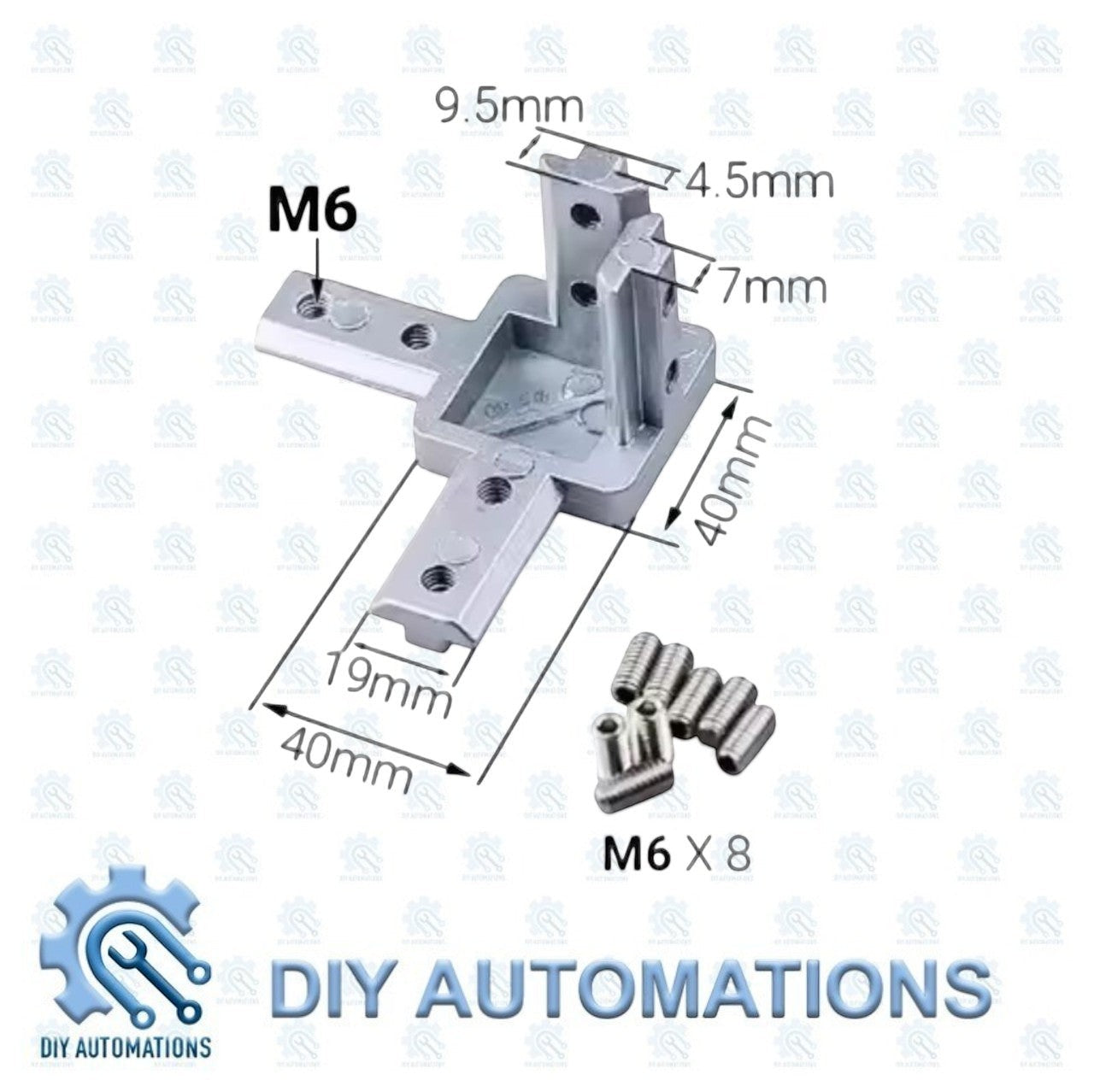 DIY AUTOMATIONS silver aluminum 3-way corner connector bracket for 20mm extrusions, 40x40mm size, includes M6 screws.