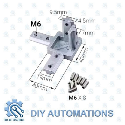 DIY AUTOMATIONS silver aluminum 3-way corner connector bracket for 20mm extrusions, 40x40mm size, includes M6 screws.