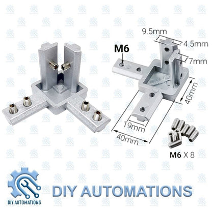 DIY AUTOMATIONS silver aluminum 3-way corner connector bracket for 20mm extrusions, 40x40mm size, with M6 screws.