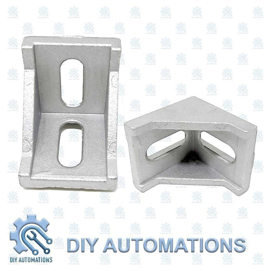 DIY Automations silver aluminum corner bracket for 20mm extrusion systems, with slotted holes for M5/M6 bolts.