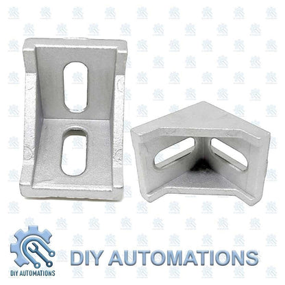 DIY Automations silver aluminum corner bracket for 20mm extrusion systems, with slotted holes for M5/M6 bolts.