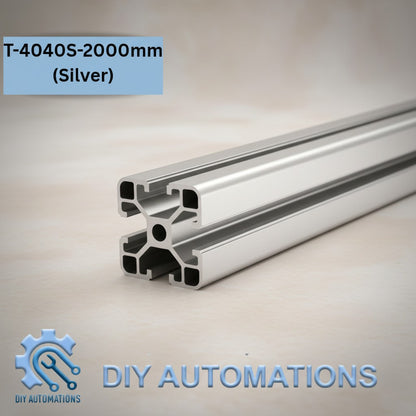 DIY Automations silver anodized aluminum T-slot extrusion profile, 40x40mm, 2000mm length, for industrial and DIY projects.