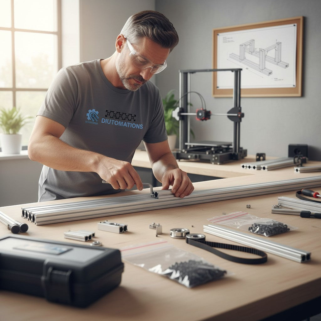 DIY AUTOMATIONS man assembling silver aluminum extrusion profile with T-slot design for DIY projects.