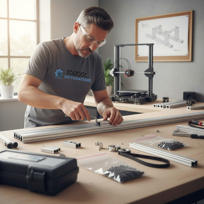 DIY AUTOMATIONS man assembling silver aluminum extrusion profile with T-slot design for DIY projects.