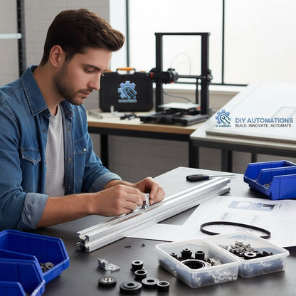 DIY Automations man assembling aluminum extrusion profile with T-slot for DIY projects. Durable anodized aluminum.