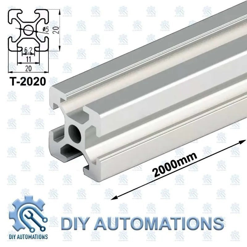 DIY Automations T-2020 silver aluminum extrusion profile, 2000mm length, T-slot design for custom frames and projects.