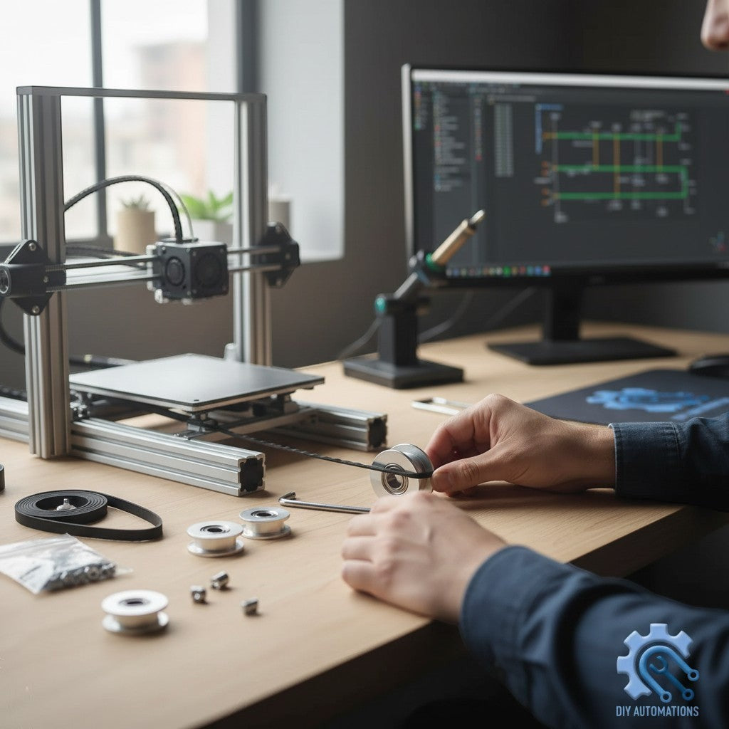 DIY AUTOMATIONS 20T aluminum idler pulley for 6mm GT2 belts being installed on a 3D printer workspace