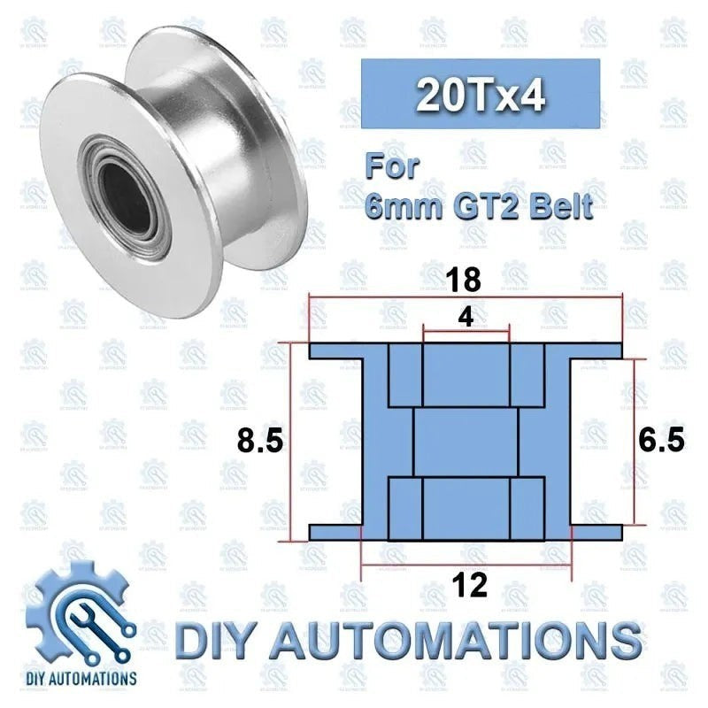 DIY AUTOMATIONS silver aluminum 20T idler pulley for 6mm GT2 belt with technical dimensions diagram