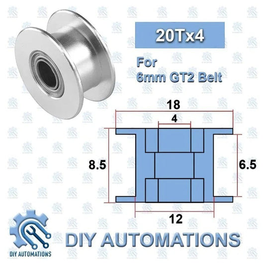 DIY AUTOMATIONS silver aluminum 20T idler pulley for 6mm GT2 belt with technical dimensions diagram