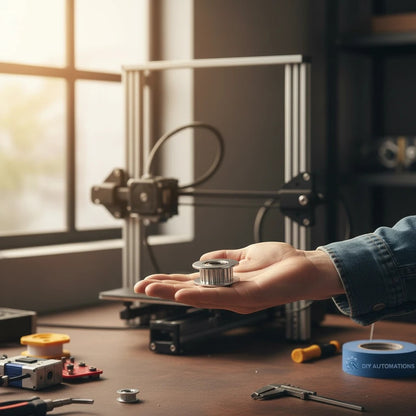 DIY AUTOMATIONS silver aluminum 20-tooth idler pulley for 3D printer held in hand on a workbench
