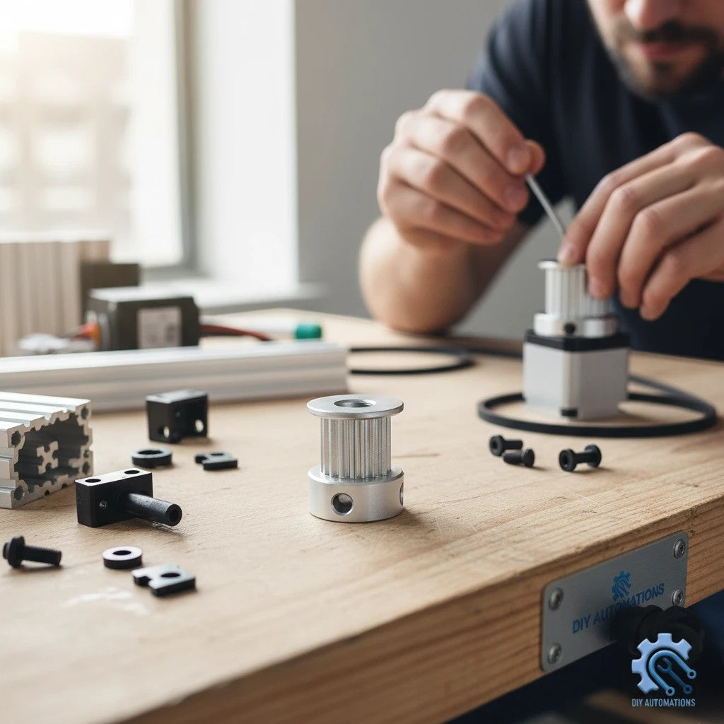 DIY AUTOMATIONS silver 16T aluminum timing pulley for 3D printers and CNC machines on a workbench with assembly tools